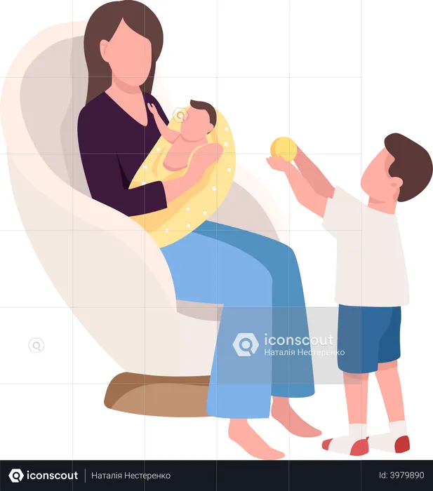 Mom with kids at home  Illustration