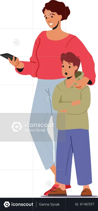 Mom with Smartphone Putting Hand on Child Shoulder  Illustration
