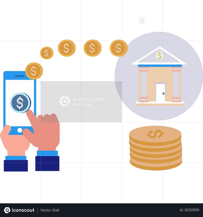 Money Being Transferred From Bank To Mobile Phone  Illustration