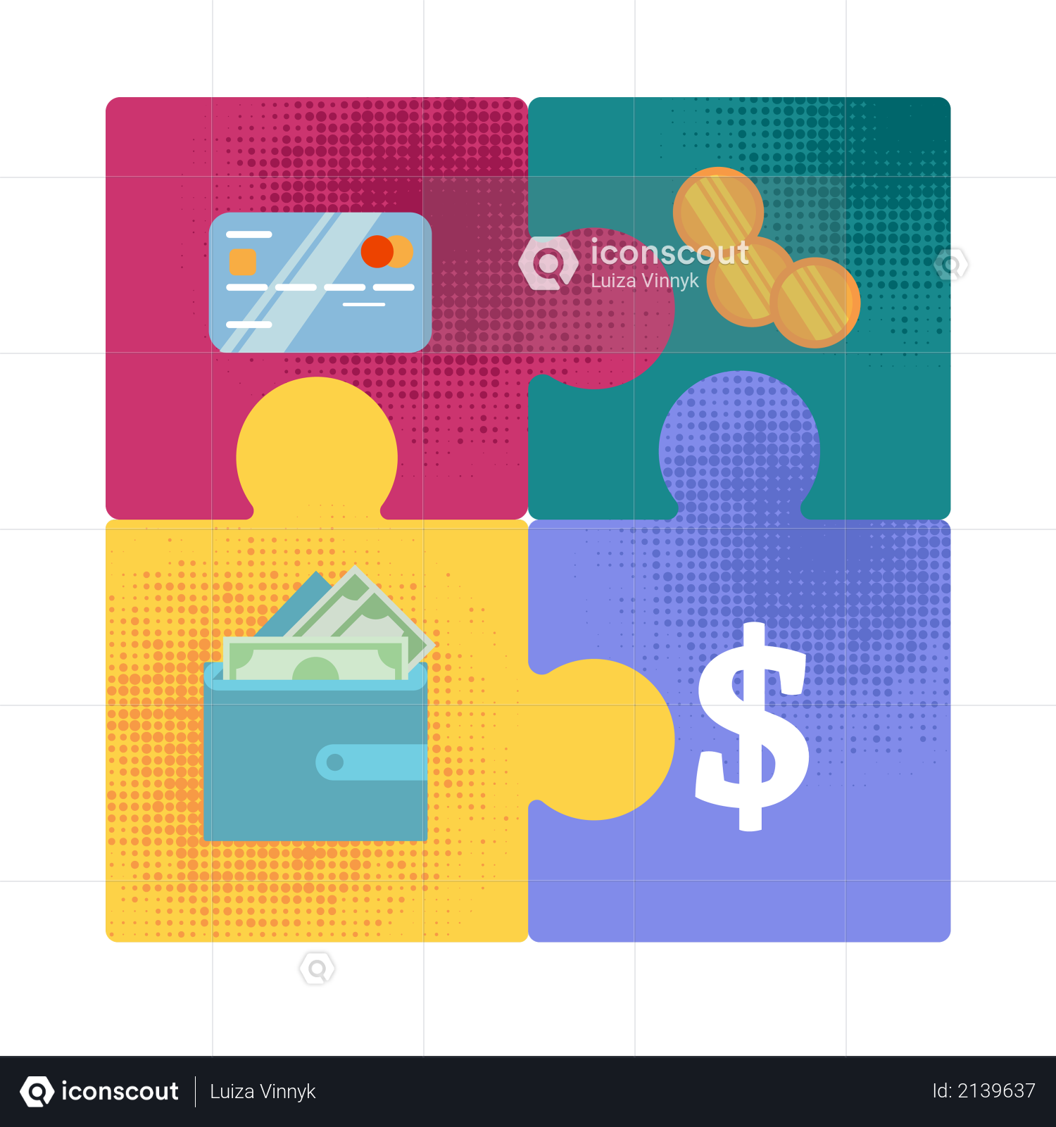Money Forms Evolution from Golden Coins to Digital Capital Flat Vector Concept with Four Puzzle Pieces with Bank Credit Card, Golden Coins, Dollar Bills in Wallet Connected Together Illustration