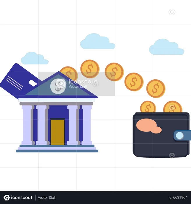 Money is withdrawn from the bank  Illustration