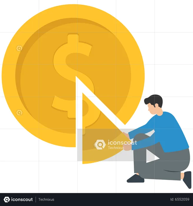 Money management, financial planning or wealth management or investment portfolio, paying for tax, loan or debt, inflation concept, businessman using pizza cutter to split golden dollar money coin.  Illustration