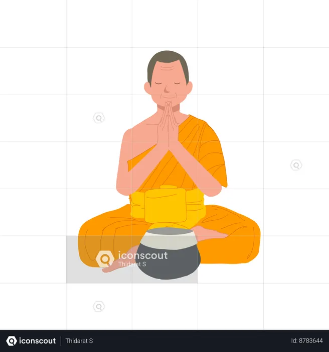 Monge budista em vestes tradicionais tailandesas meditando antes de comer  Ilustração