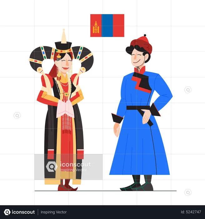 Mongolia citizen in national costume with a flag  Illustration