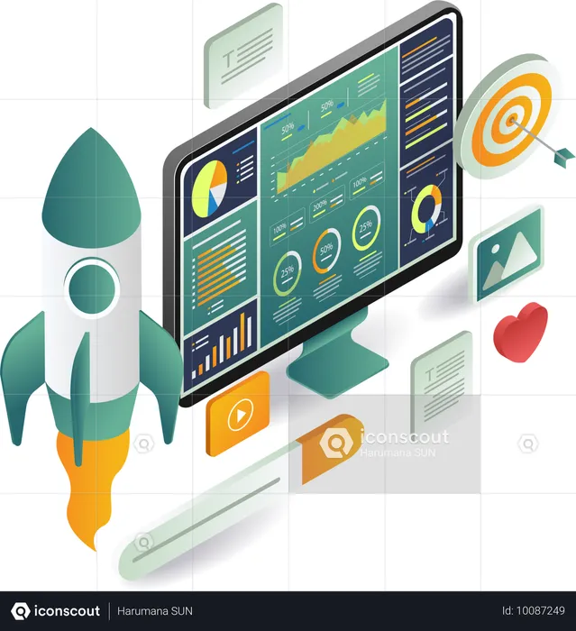 Monitor de computadora que muestra un cohete junto con varios otros elementos  Ilustración