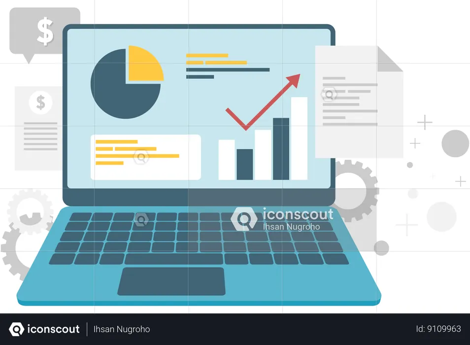 Monitor de laptop exibe infográficos  Ilustração