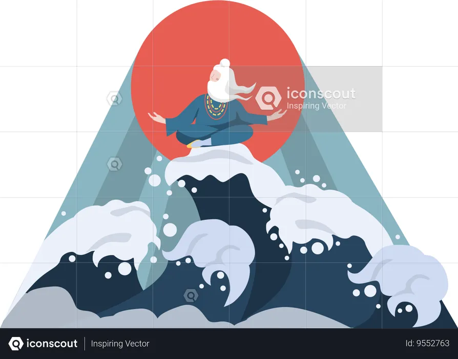 Monk meditation on ocean wave  Illustration