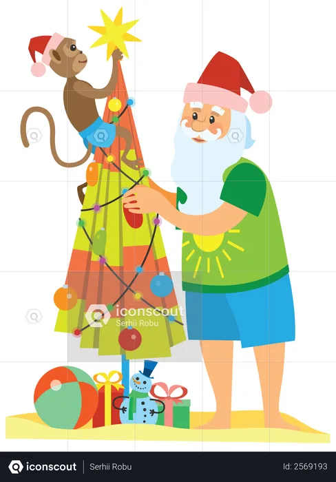Monkey and santa claus making christmas tree using umbrella  Illustration