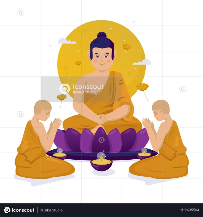 Monks Worship With Buddhist Meditation  Illustration