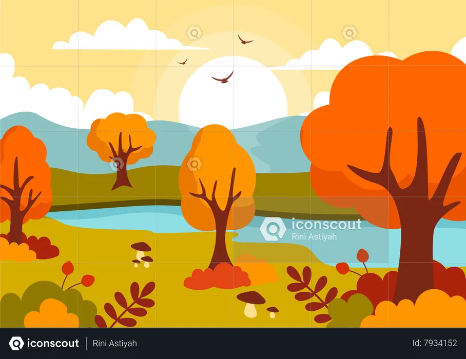 Montañas y hojas de otoño.  Ilustración