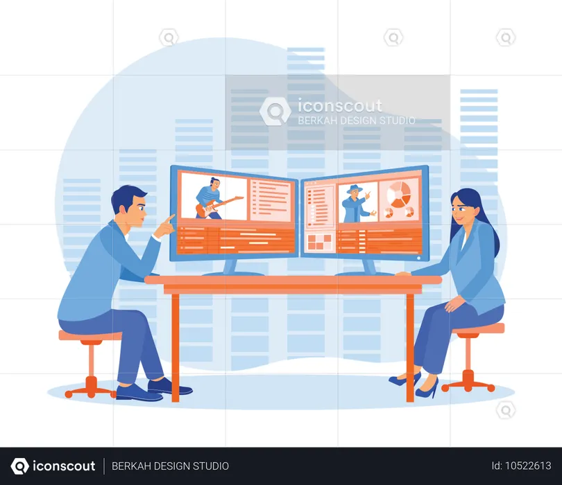 Un monteur vidéo discute sur ordinateur avec un client à l'aide d'un logiciel de post-production et de deux moniteurs  Illustration