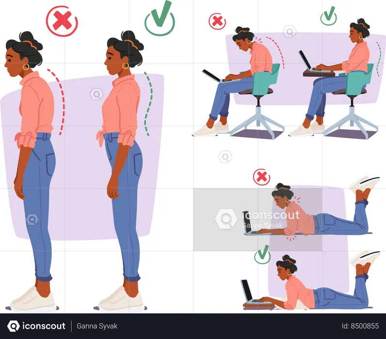 Montrer les bonnes et les mauvaises postures corporelles  Illustration