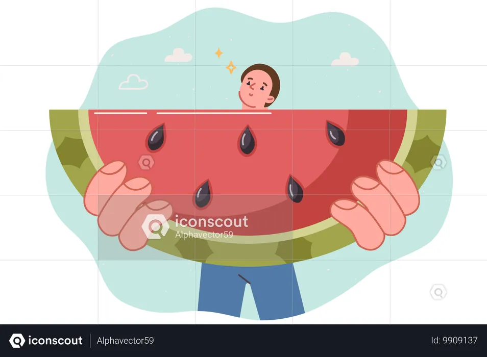 Morceau de pastèque dans les mains d'un homme affamé mangeant des fruits sucrés  Illustration