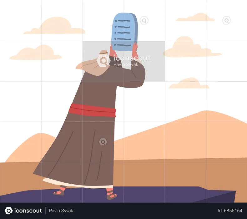 Moses Holding Tablets of Stone with Ten Commandments at Mount Sinai  Illustration