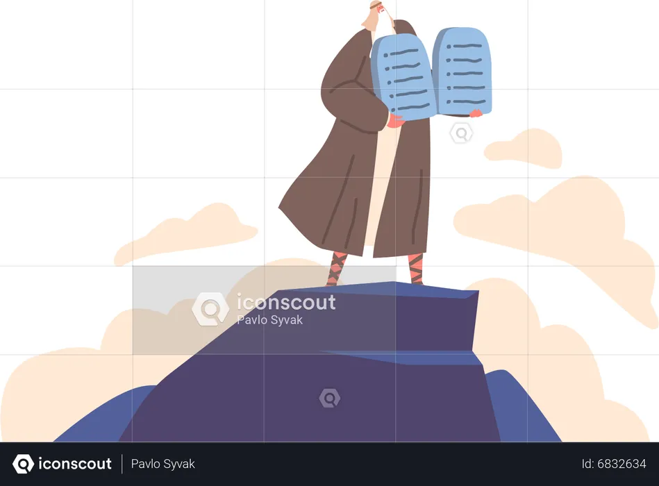 Moses Standing On Mountain With Ten Commandments  Illustration