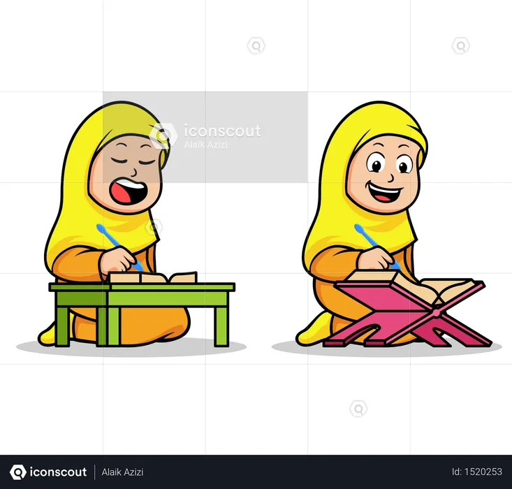 Moslem girl school kids reading holy Koran. Suitable for islamic theme illustration.  Illustration