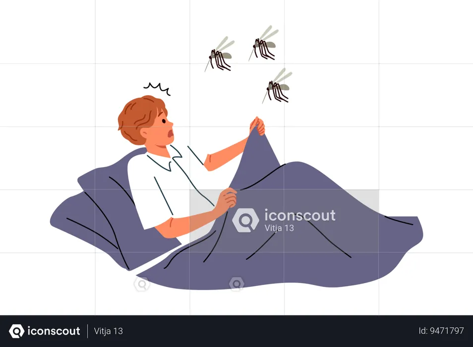 Mosquitoes will attack sleeping man lying in bed and horrified by sight of giant flying insects  Illustration