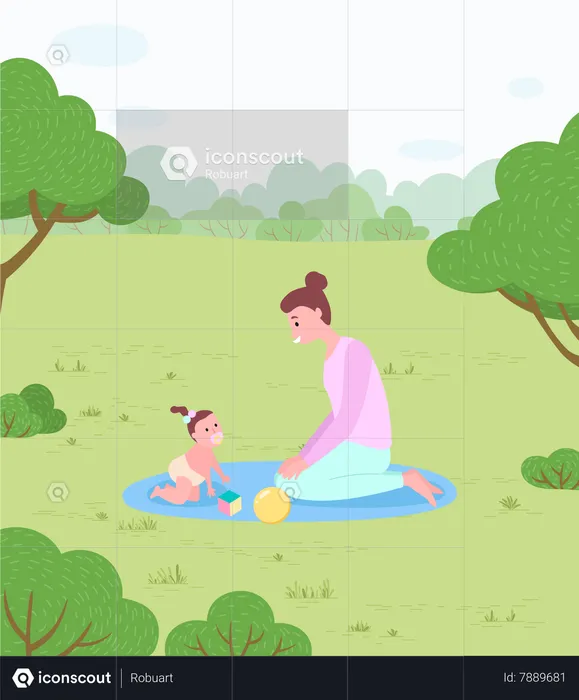 Mother and Baby Girl on Rug with Toys in Park  Illustration