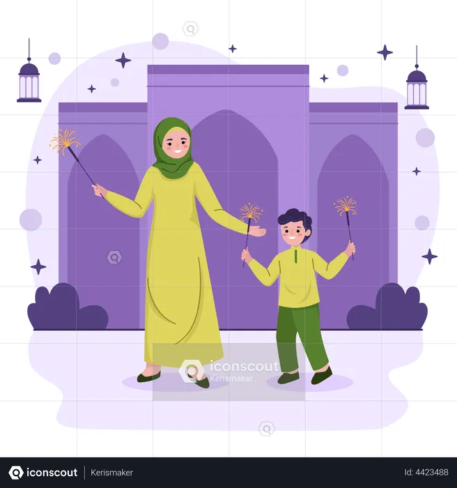 ラマダンを祝って花火をする母親と少年  イラスト
