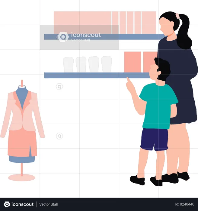 Mother and child are shopping at a clothing store  Illustration