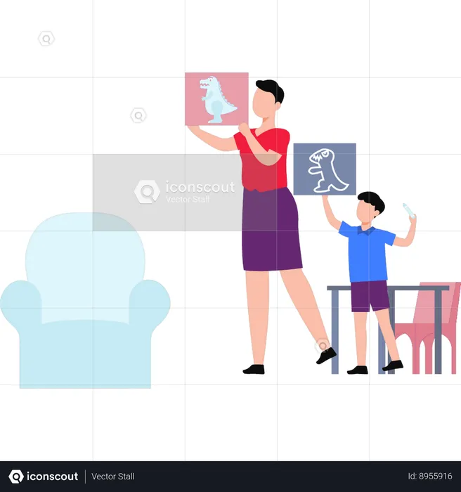 Mother And Child Drawing Together  Illustration