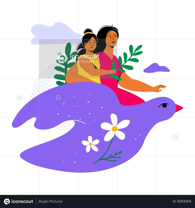 Mother and child flying astride a large dove  Illustration