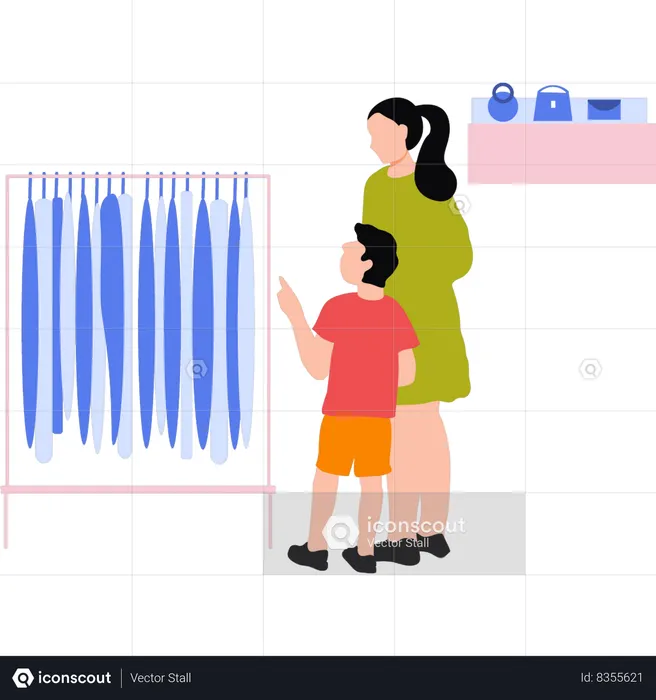 Mother and child looking at clothes in a shop  Illustration