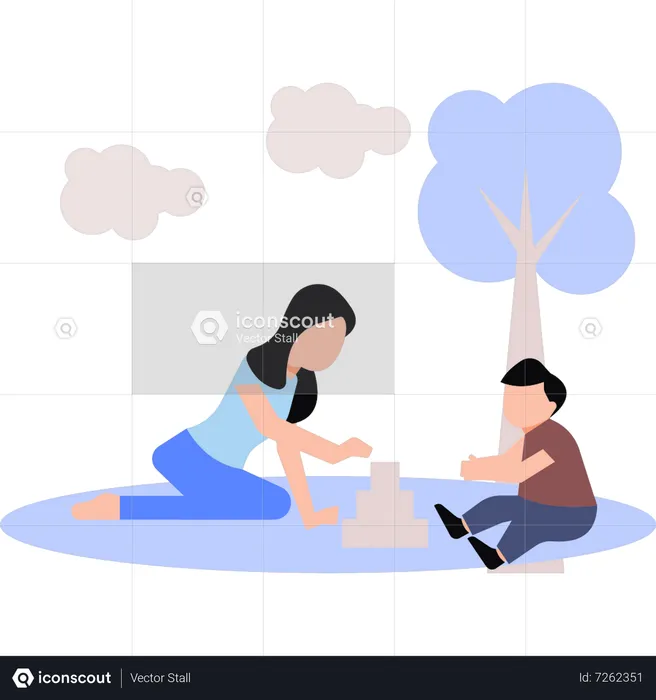 Mother and child playing with blocks  Illustration