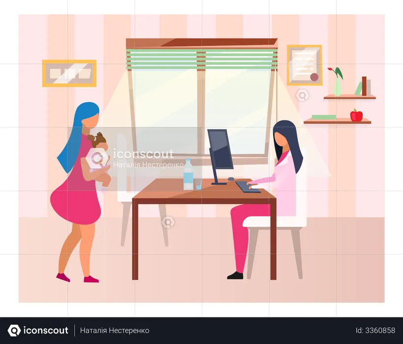 Mother and child visiting pediatrician  Illustration