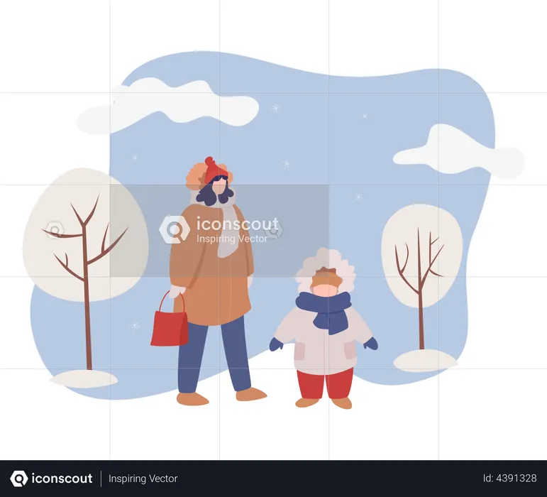 Mother and child walking in snow  Illustration