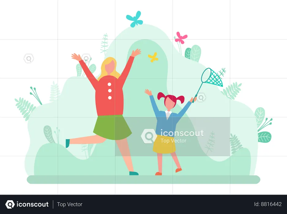 Mother and daughter are catching butterflies in garden  Illustration