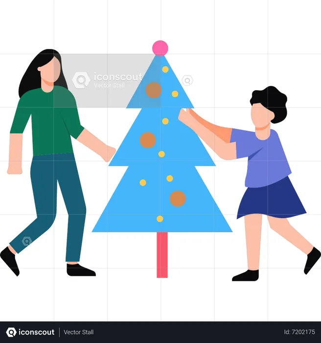 Mother and daughter are decorating the Christmas tree  Illustration