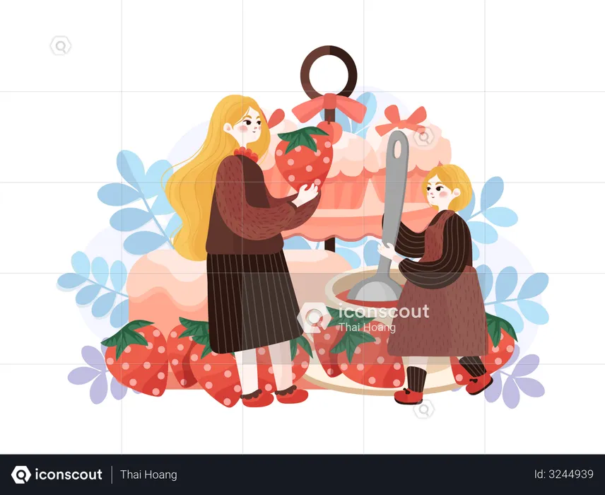 Mother and daughter are making food together  Illustration