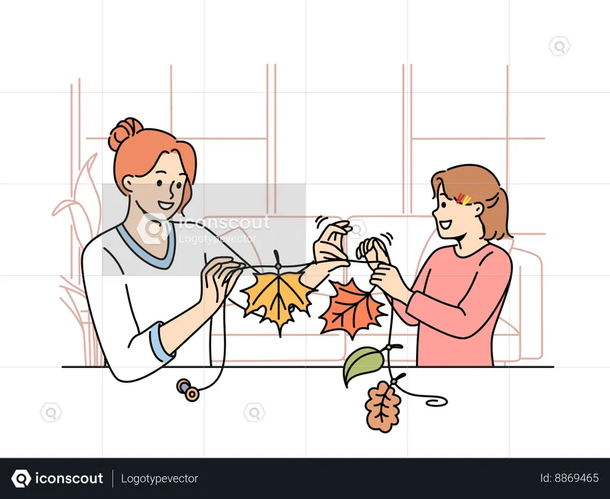 Mother and daughter are making leaf garland  Illustration