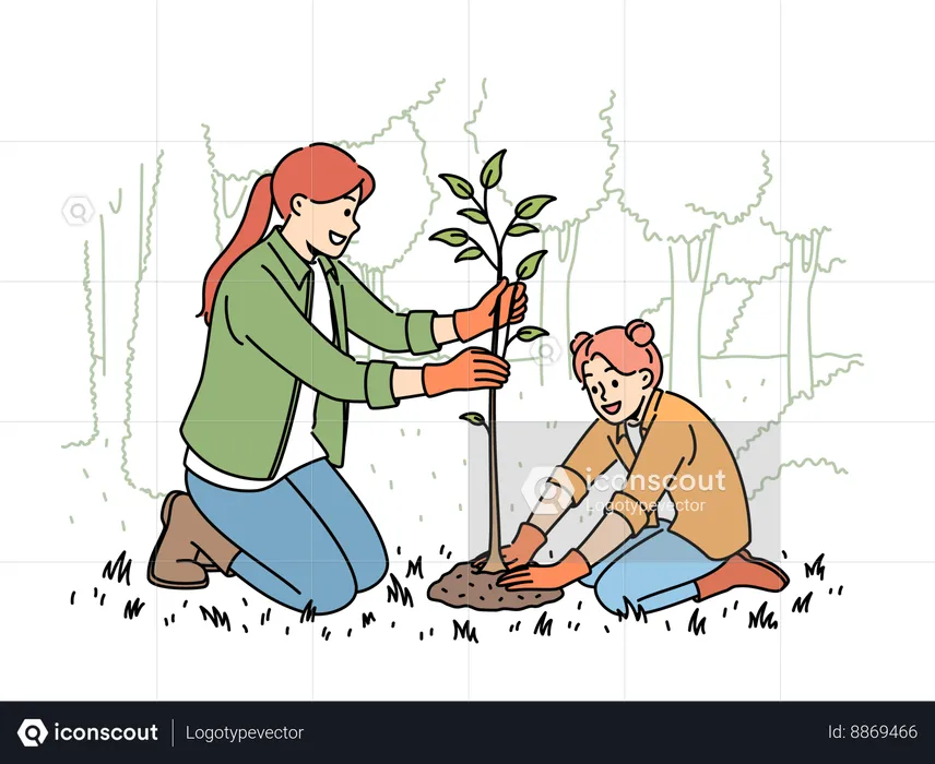 Mother and daughter are planting plants together  Illustration