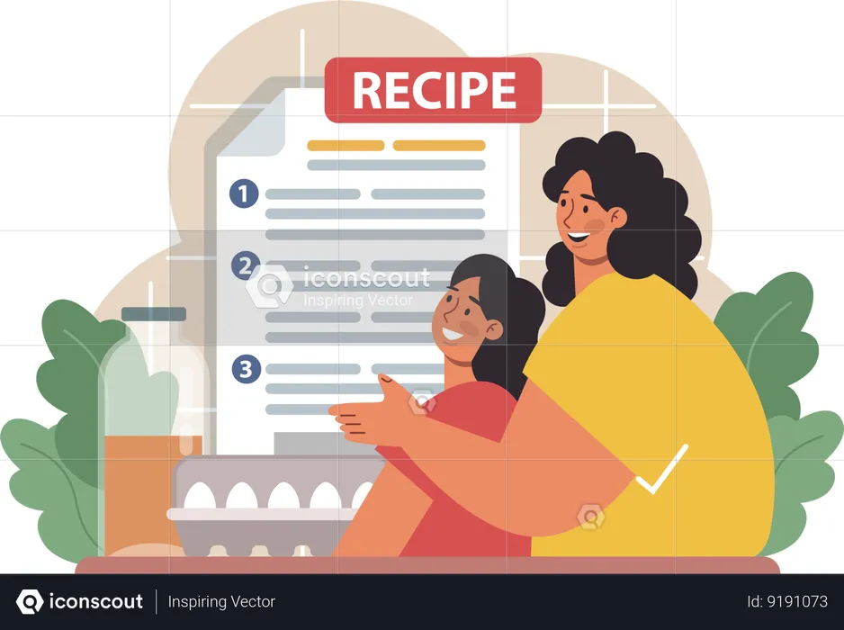 Mother and daughter are viewing food recipe  Illustration