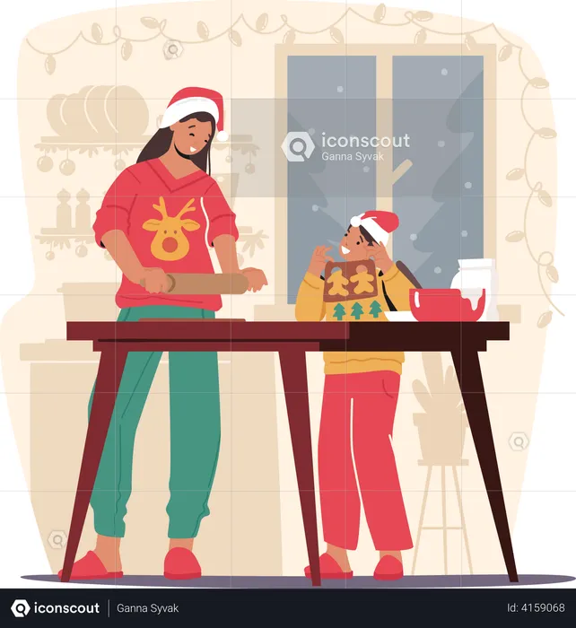 Mother and daughter baking cookies together  Illustration