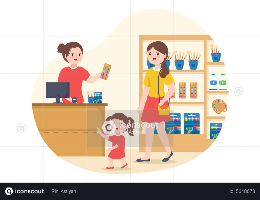 Mother and daughter buying Drawing Supplies  Illustration