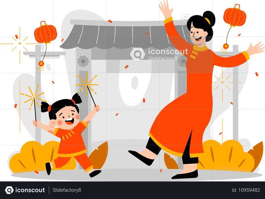 Mother and daughter celebrate Lunar New Years  Illustration