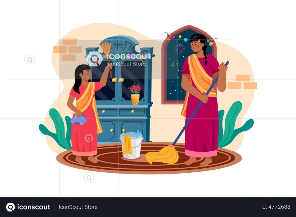 Mother and daughter cleaning home before Diwali arrival  Illustration