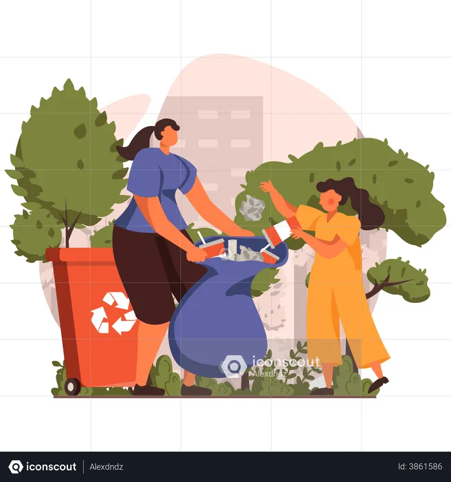 Mother and daughter collecting waste  Illustration