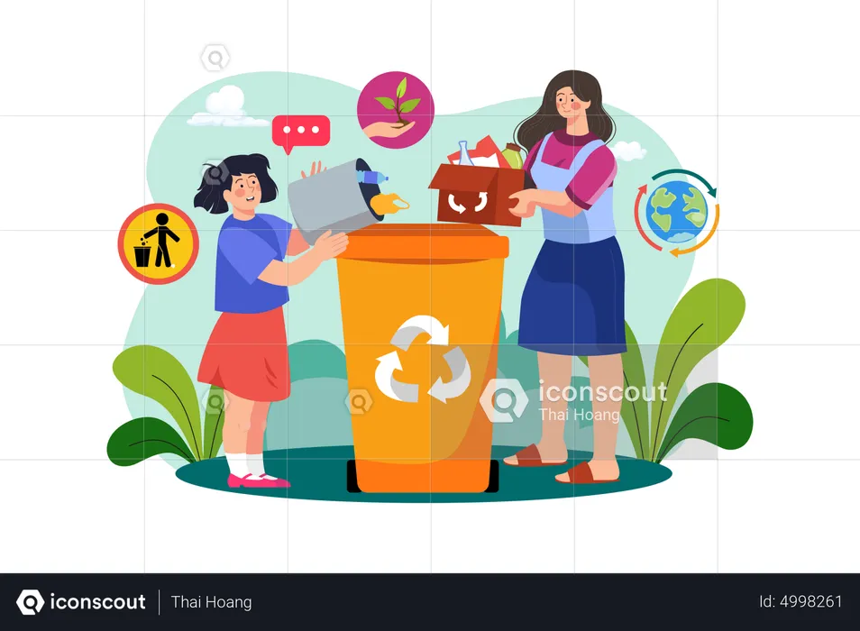 Mother And Daughter Collecting Waste  Illustration
