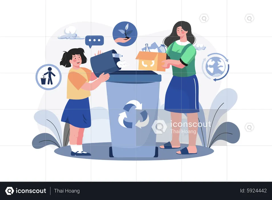 Mother And Daughter Collecting Waste  Illustration