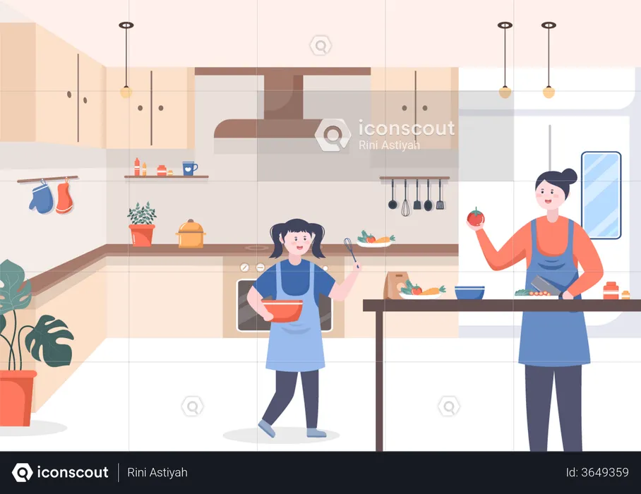 Best Mother and daughter cooking together Illustration download in PNG ...