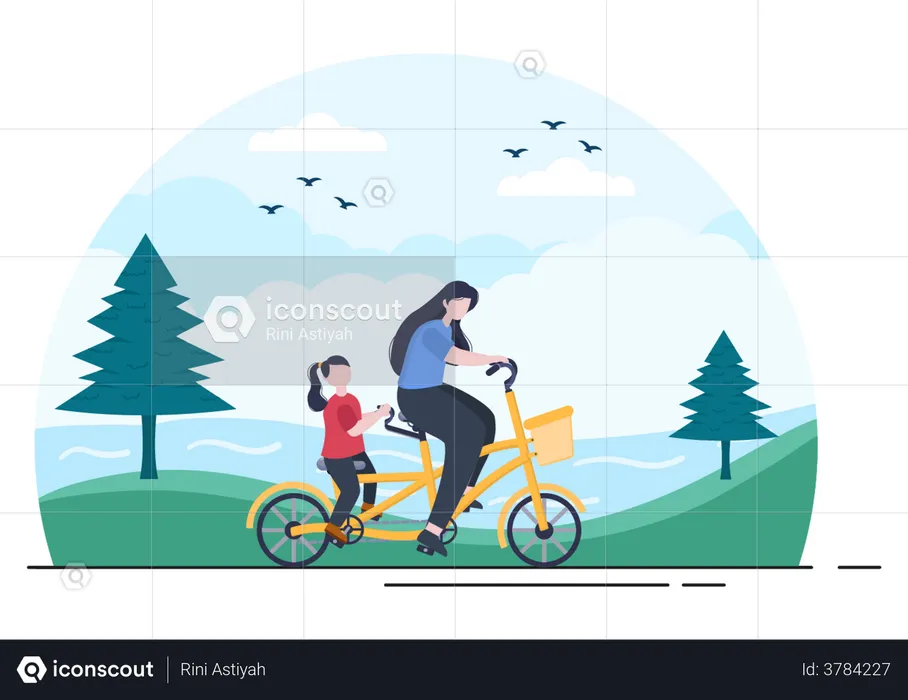 Mother and daughter cycling in park  Illustration