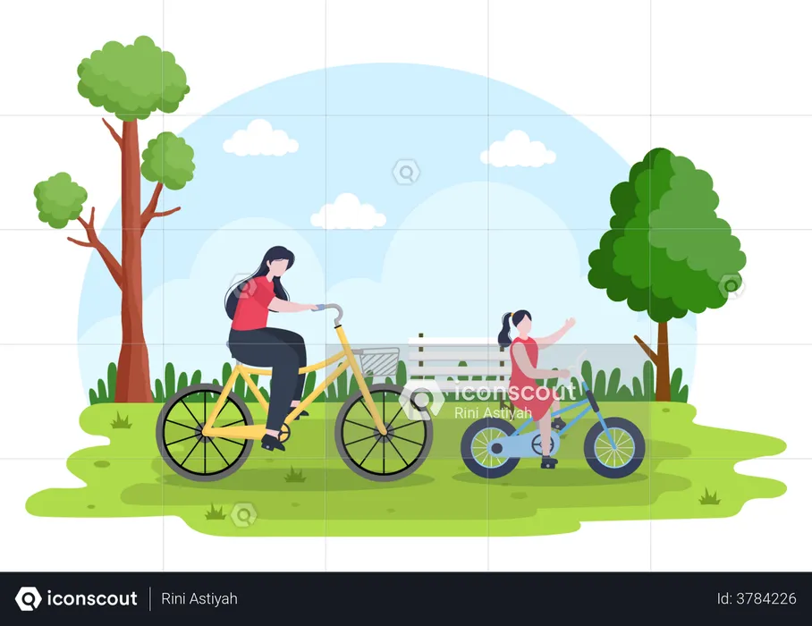 Mother and daughter cycling in park  Illustration