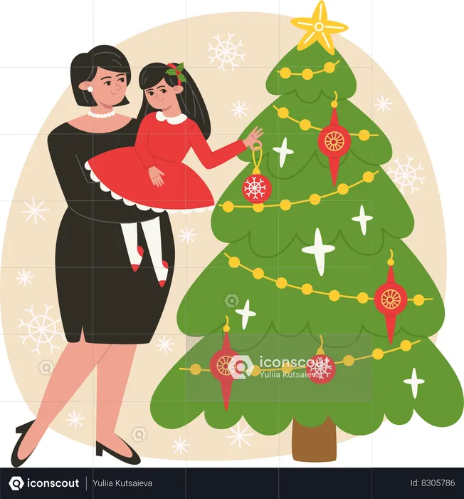 Mother and daughter decorating the Christmas tree  Illustration