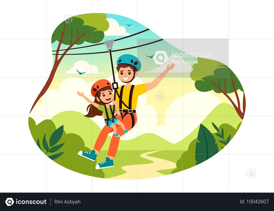 Mother and Daughter Enjoy Zip Line  Illustration