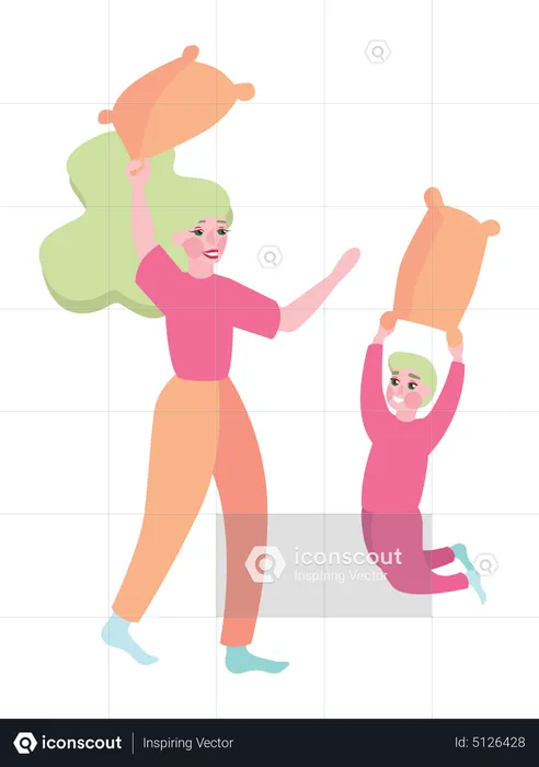 Mother and daughter fighting with pillow  Illustration