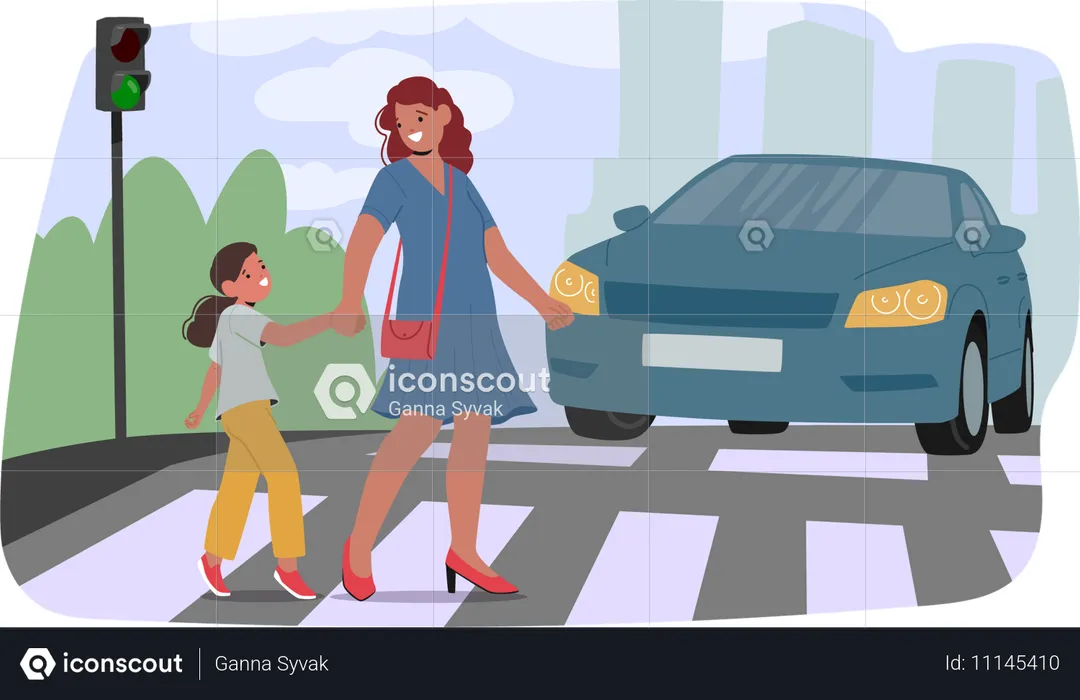 Mother And Daughter Holding Hands While Safely Crossing A Street At Zebra Crossing  Illustration